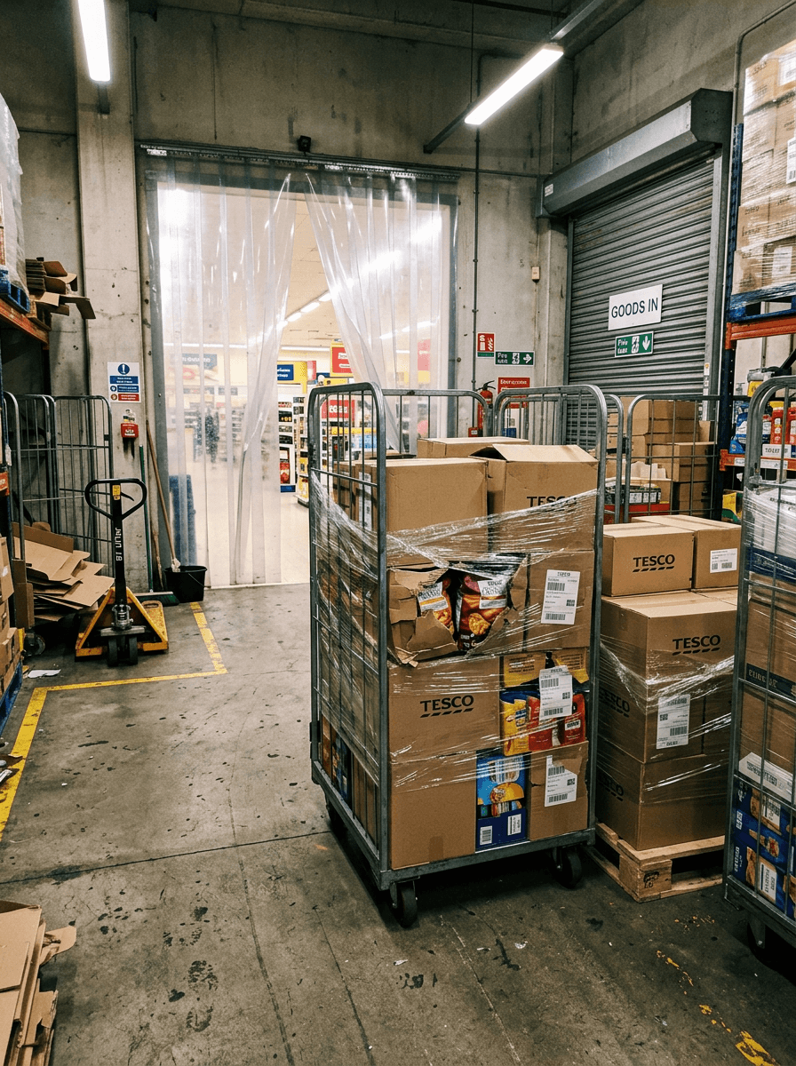 Stock cases waiting in a supermarket backroom